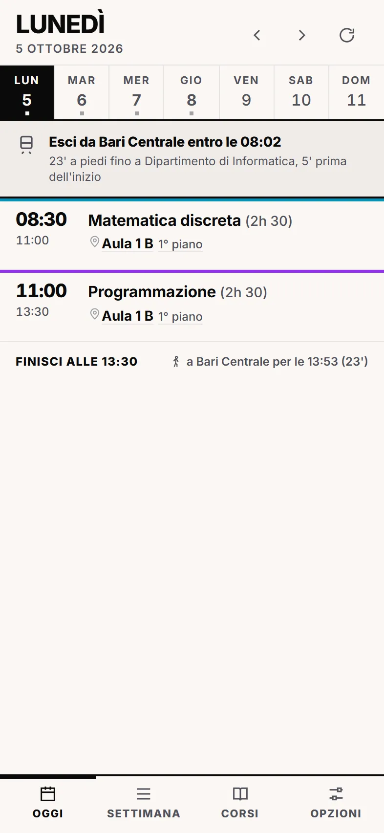 La schermata Oggi: l'avviso per uscire da Bari Centrale e le lezioni del giorno con ora, aula e piano.