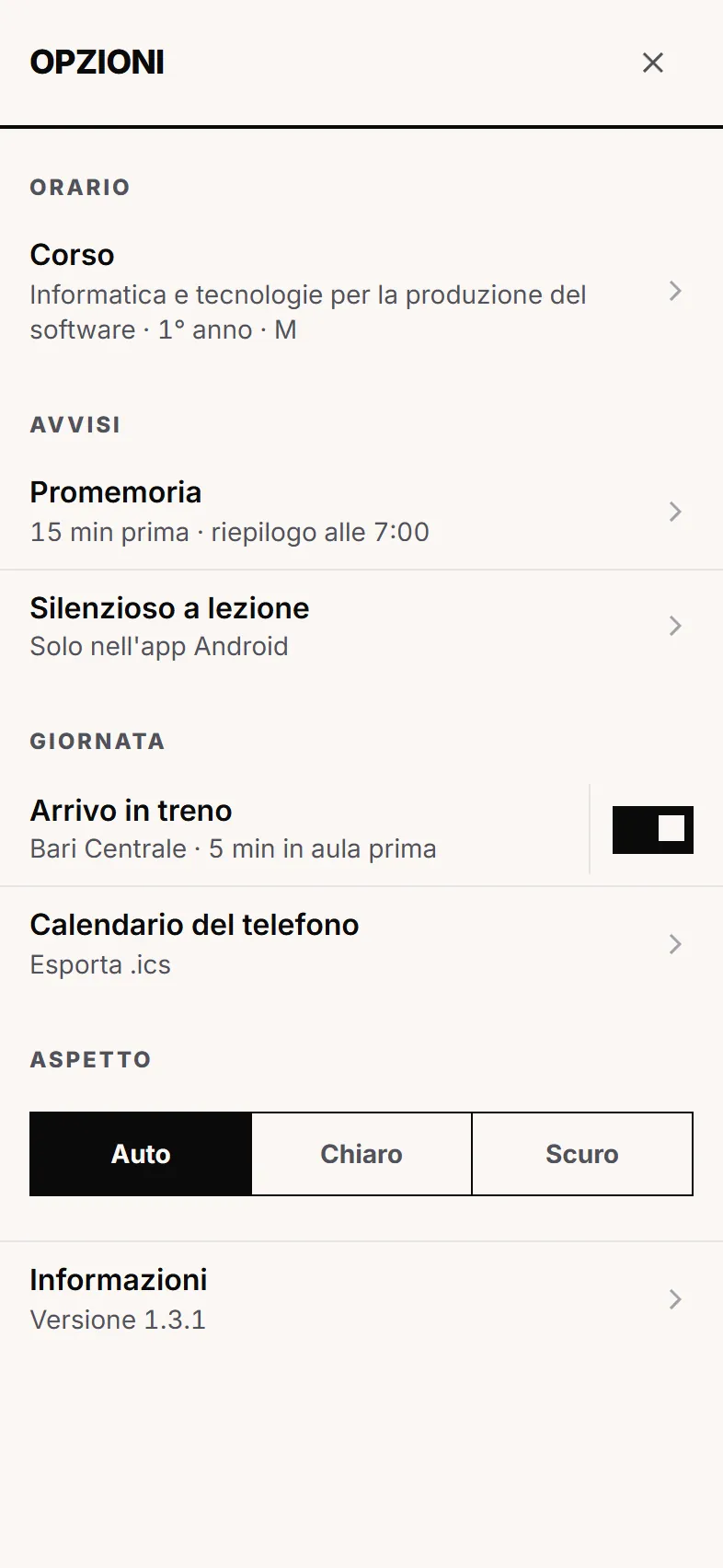 Le Opzioni: promemoria, silenzioso a lezione, treno e calendario.
