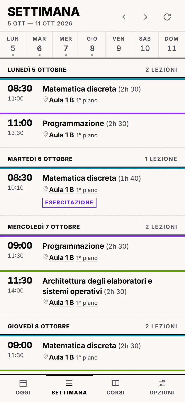 La schermata Settimana: i giorni della settimana con le lezioni, un colore per ogni corso.